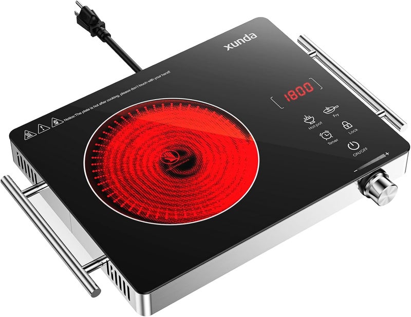 Xunda 1800W Portable Electric Stove, 110v Electric Burner with Carry Handle Hot Plate, Ceramic Infrared Single Burner Cooktop, Touch & Knob Control Timer, Safety Lock (Black) - Image 1